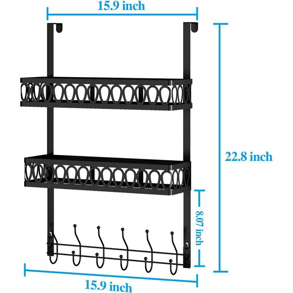 cadeninc Hanging Mounted Bathroom Shower Caddy Over the Shower Door Storage Rack with 2 Shelves and 6 Towel Hooks in Black MIX-LQMSP-028