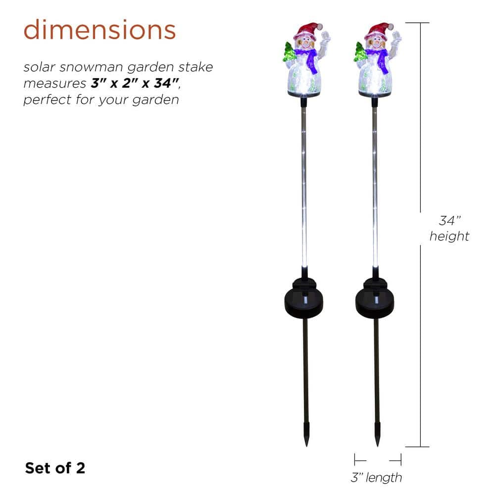 Alpine Corporation 34 in. Tall Solar Snowman Fiber Optic Garden Stake with LED Lights, Set of 2 QLP1103SLR-2