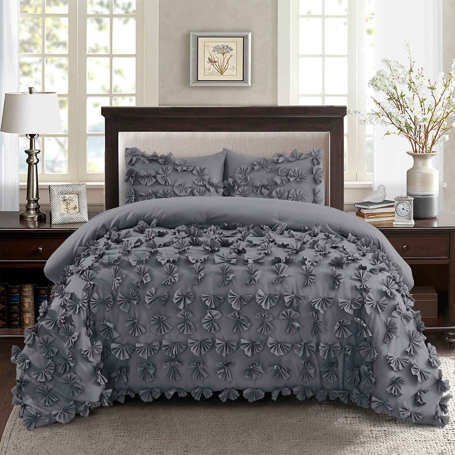 3 Piece Gray Burrterfly Flower Applique Collection Comforter Set