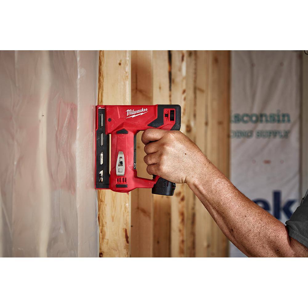 MW M12 12V Lithium-Ion Cordless Jig Saw with M12 38 in. Crown Stapler and 6.0 Ah XC Battery Pack 2445-20-2447-20-48-11-2460