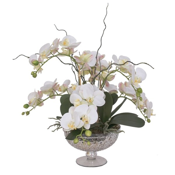 Real Touch White Orchid Flower Arrangement in Round Silver Glass Bowl