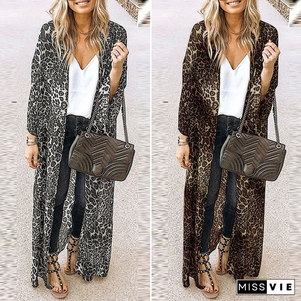 ZANZEA Women Leopard Print Open Front Cardigan Kimono Coat Jacket Beach Party Cover Ups