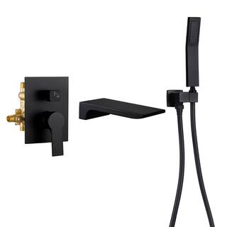 FLG Single-Handle Wall-Mount Roman Tub Faucet with Hand Shower Brass Waterfall Tub Filler in Matte Black SS-0052-MB