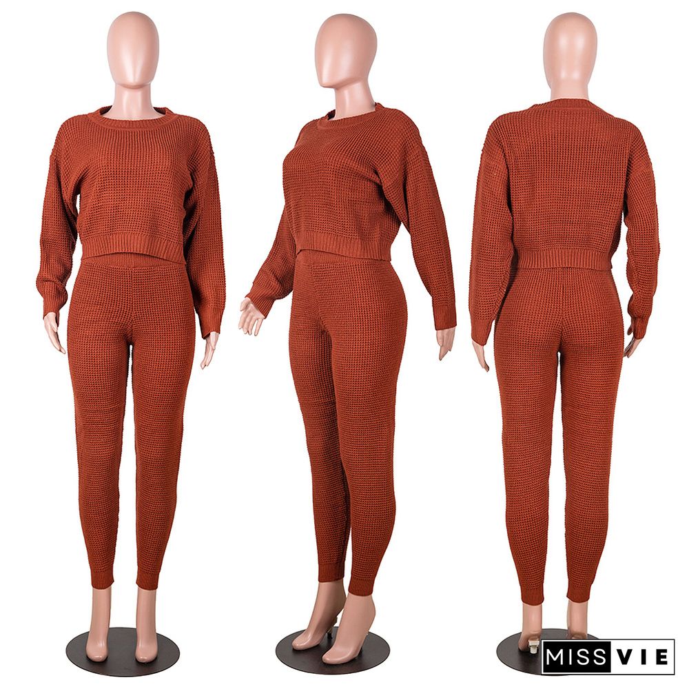 Solid Color Bat-sleeve Sweater Blouse Pants Two-piece Set