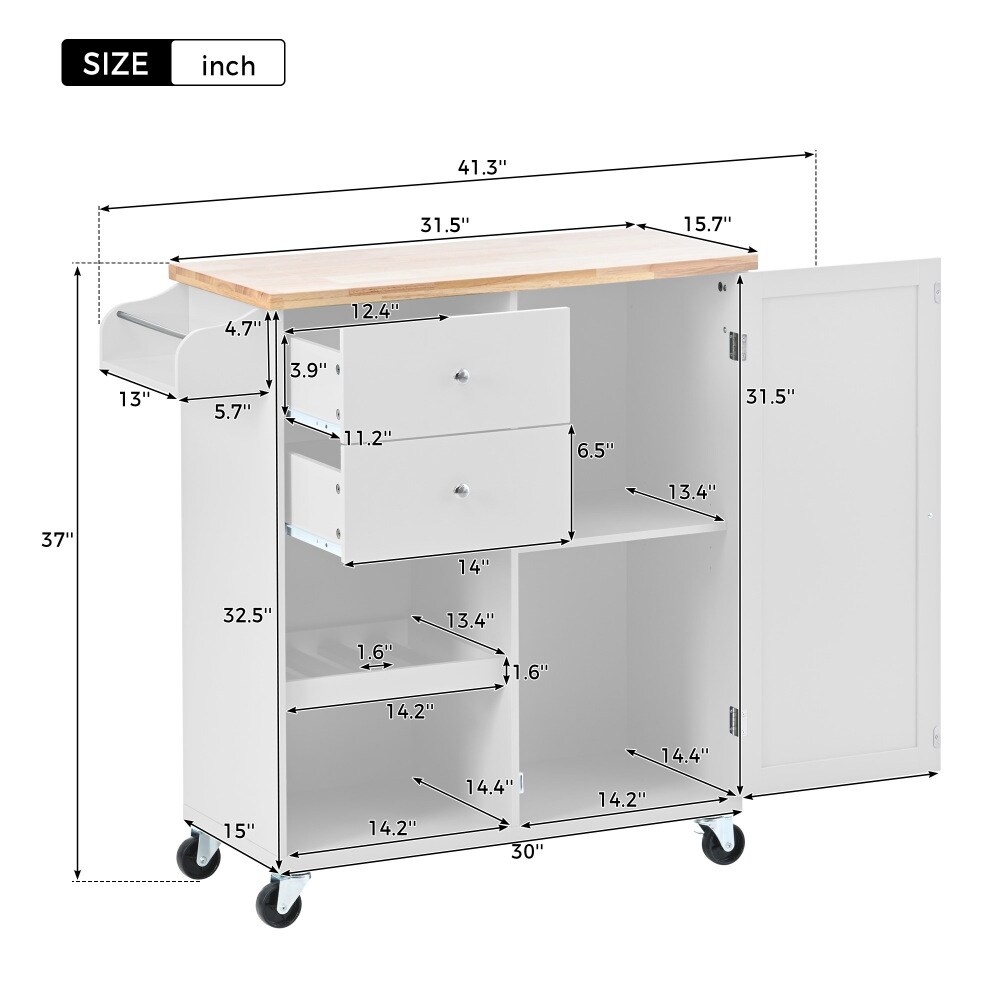 Kitchen Island on 4 Wheels with Adjustable shelves 2 Drawers