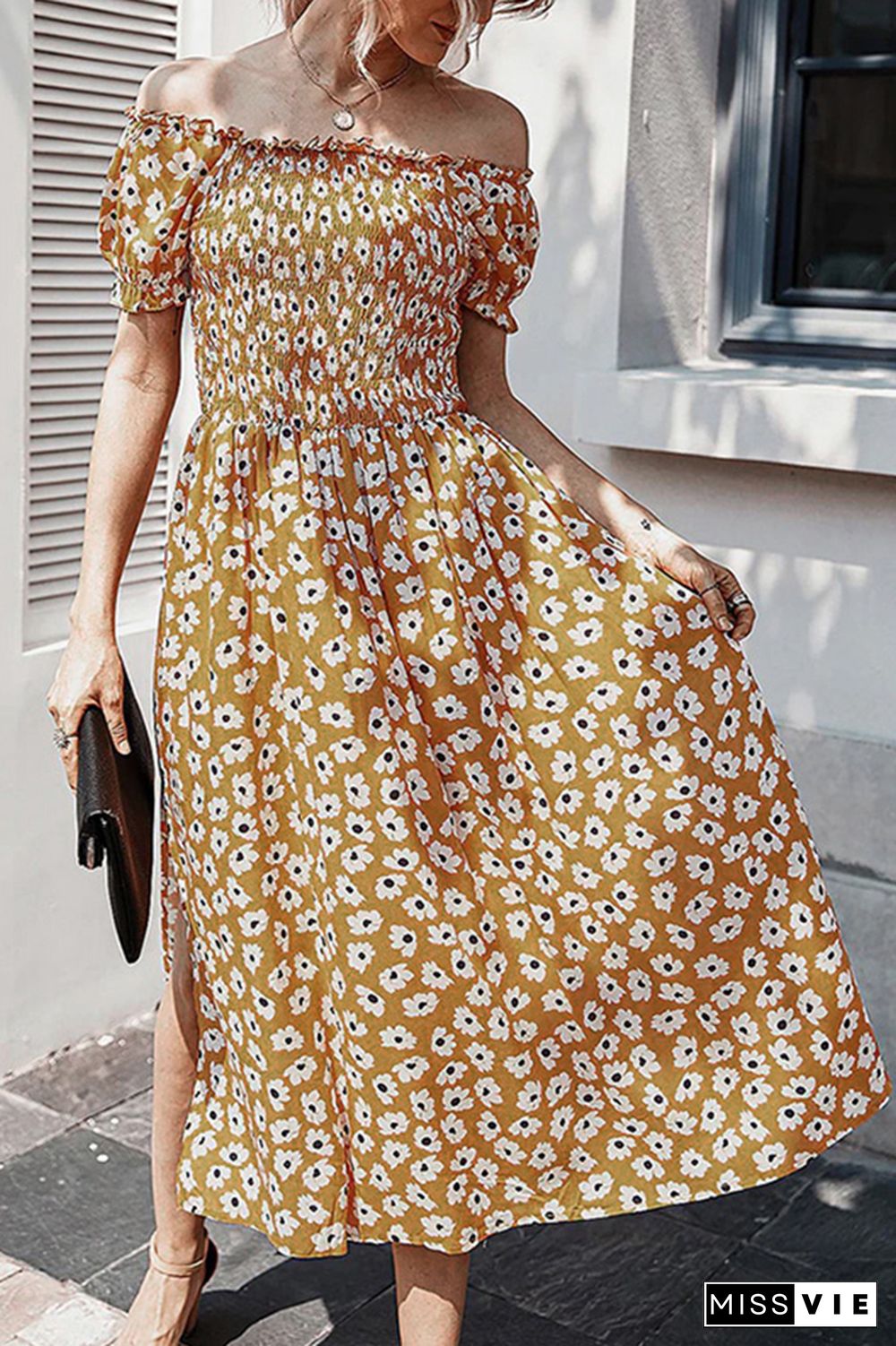 Sun Flower Off Shoulder Floral Dress Wholesale