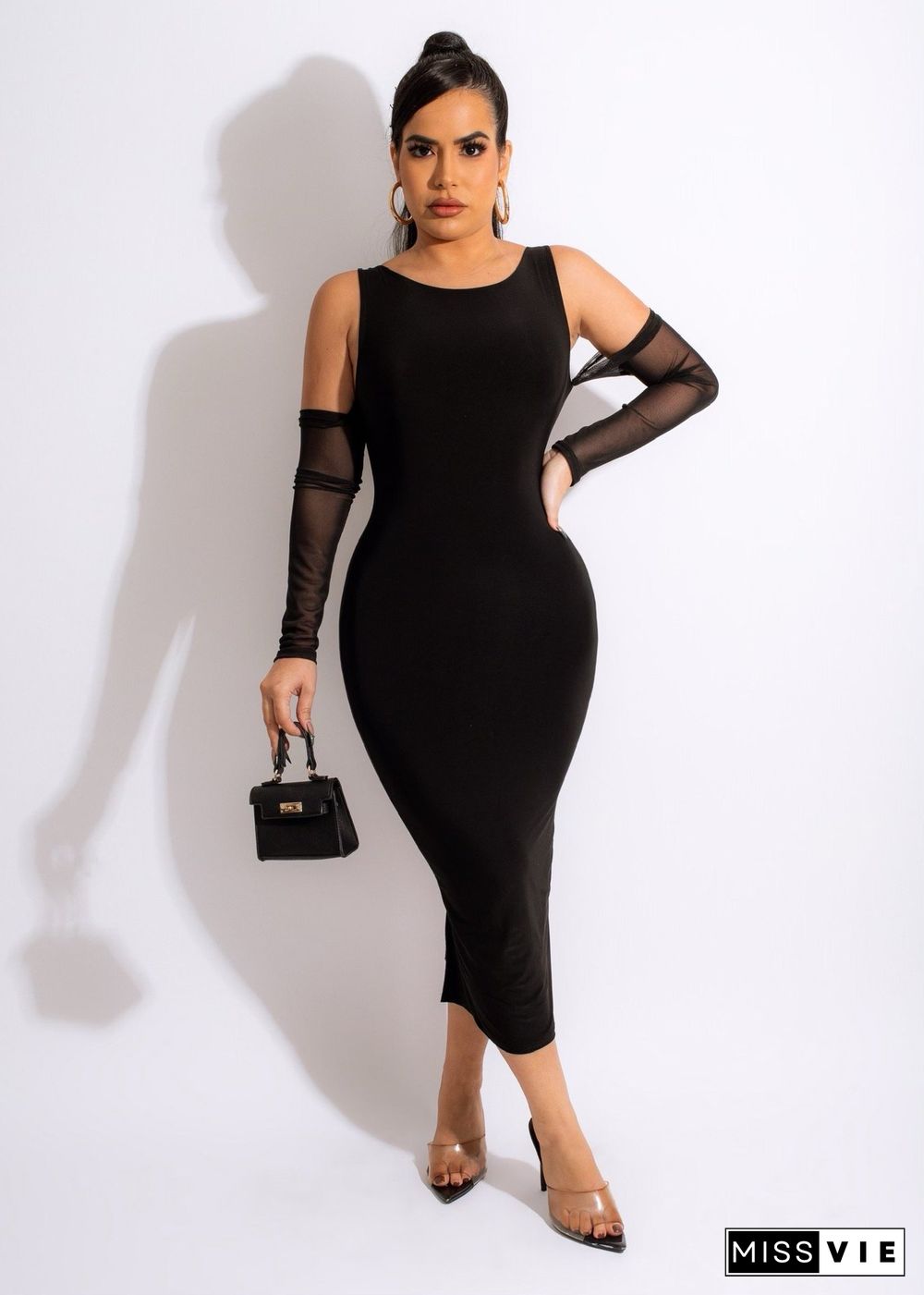 Mesh Patchwork Long Sleeve Club Party Dress