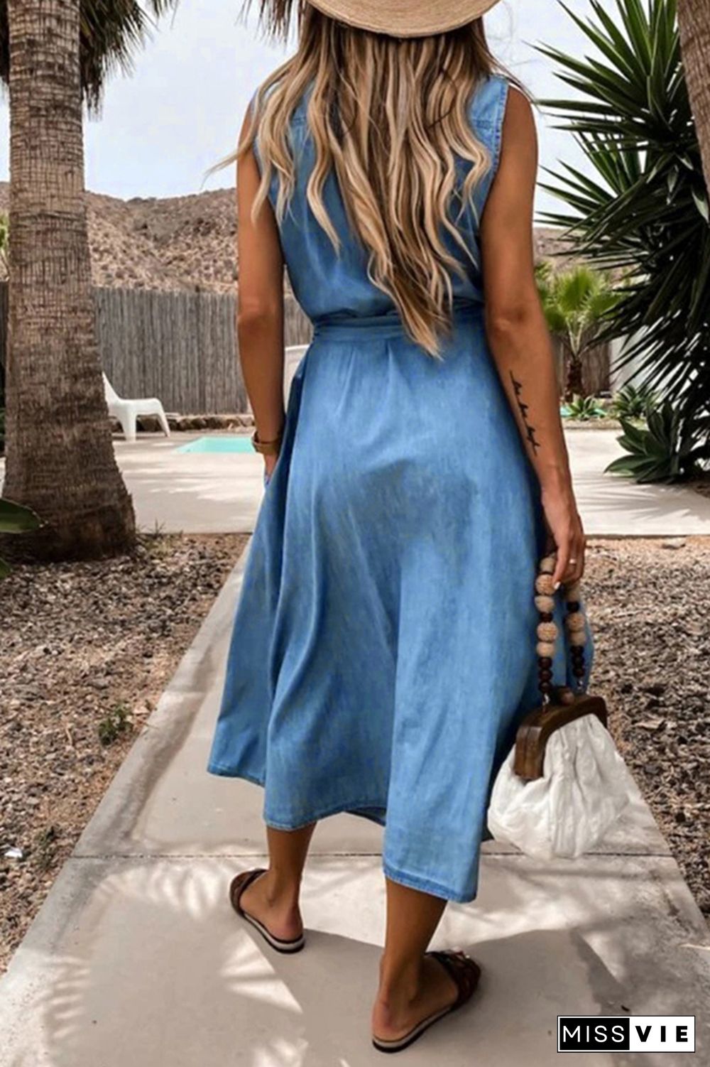 Sleeveless Button Pocket Waist Tie Denim Dress