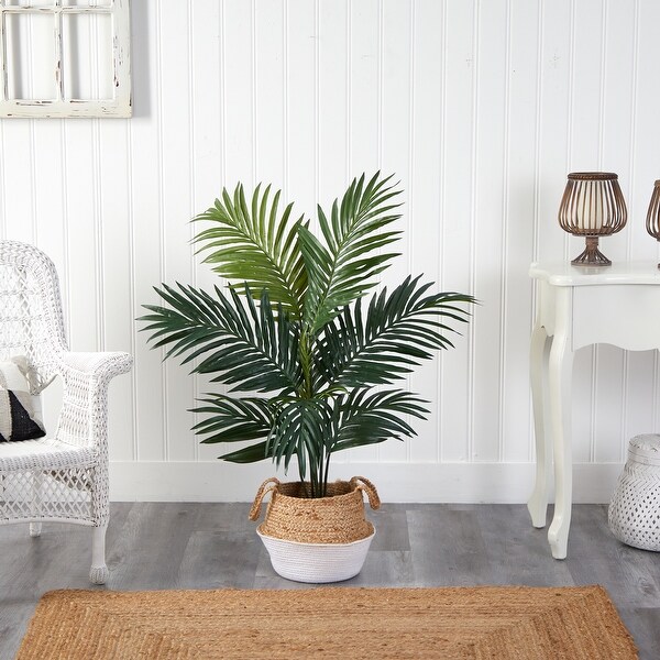 4' Kentia Palm Artificial Tree in Boho Chic Handmade Cotton and Jute White Woven Planter