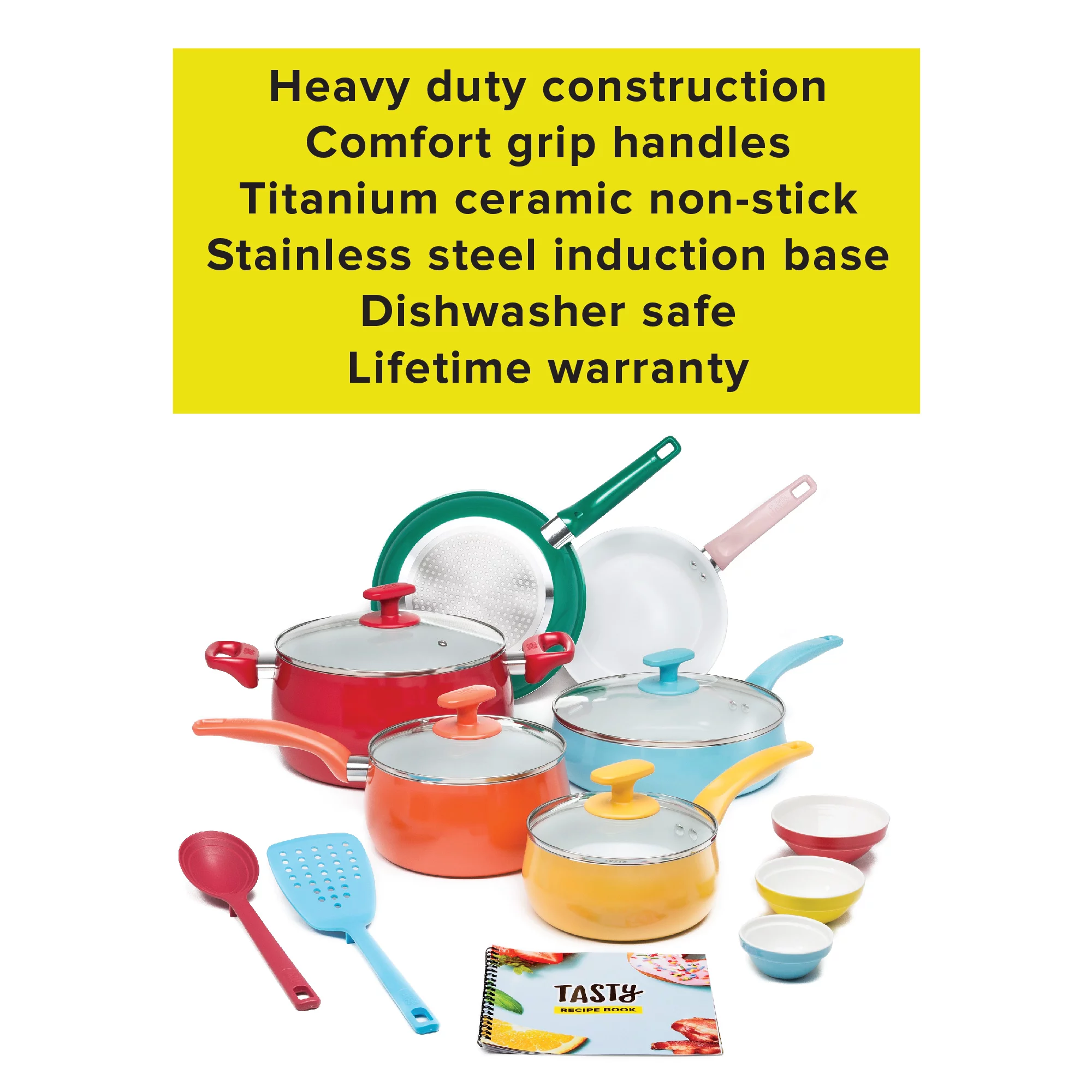 Tasty Ceramic Titanium-Reinforced Non-Stick Cookware Set， Multicolor， 16 Piece