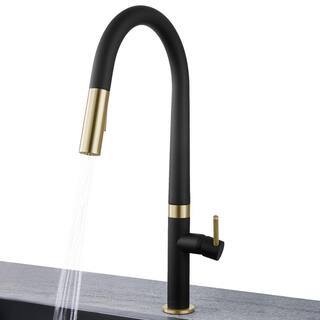 AKDY Easy-Install Single-Handle Deck Mount Gooseneck Pull-Down Sprayer Kitchen Faucet in Matte BlackBrushed Gold KF0021-7