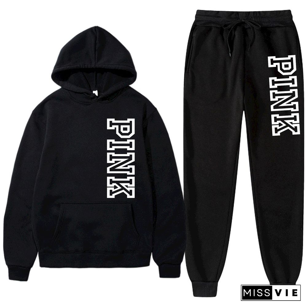 PINK Letter Pocket Hoodies Sweatpants Tracksuit