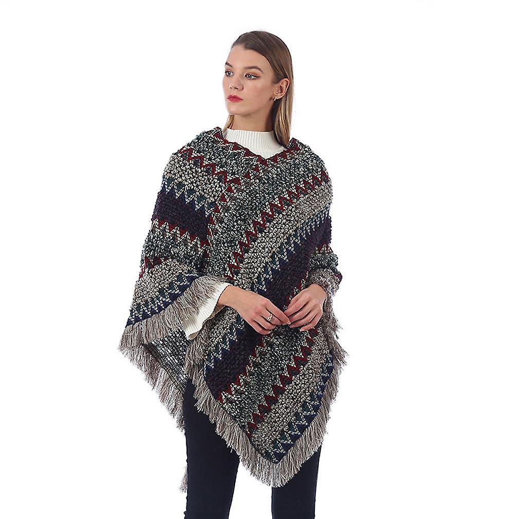 Winter Pullover Cape Loose Crochet Poncho With Tassel Warm Sweater Coat For Lady