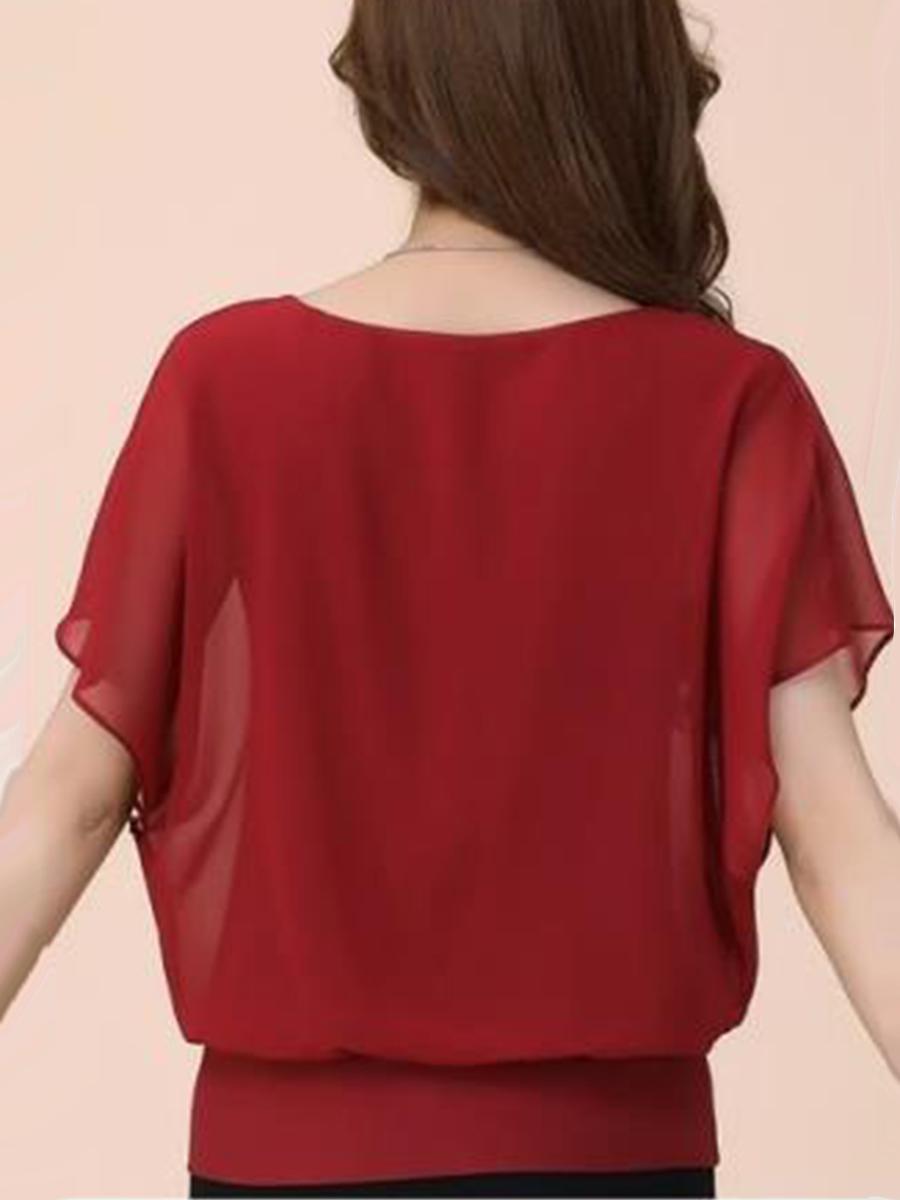 Spring Summer  Blend  Women  Crew Neck  Plain  Short Sleeve Blouses