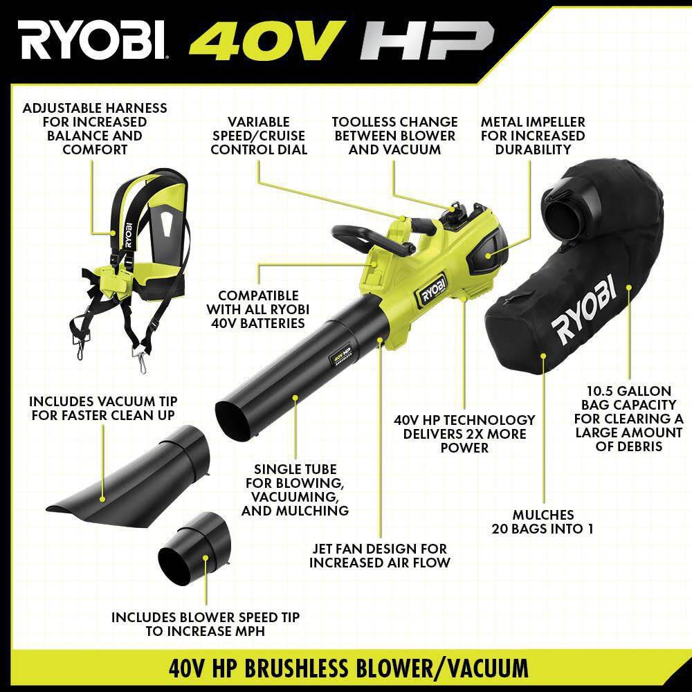 RYOBI 40V HP Brushless 100 MPH 600 CFM Cordless Leaf BlowerMulcherVacuum with (2) 4.0 Ah Batteries and Charger RY404150