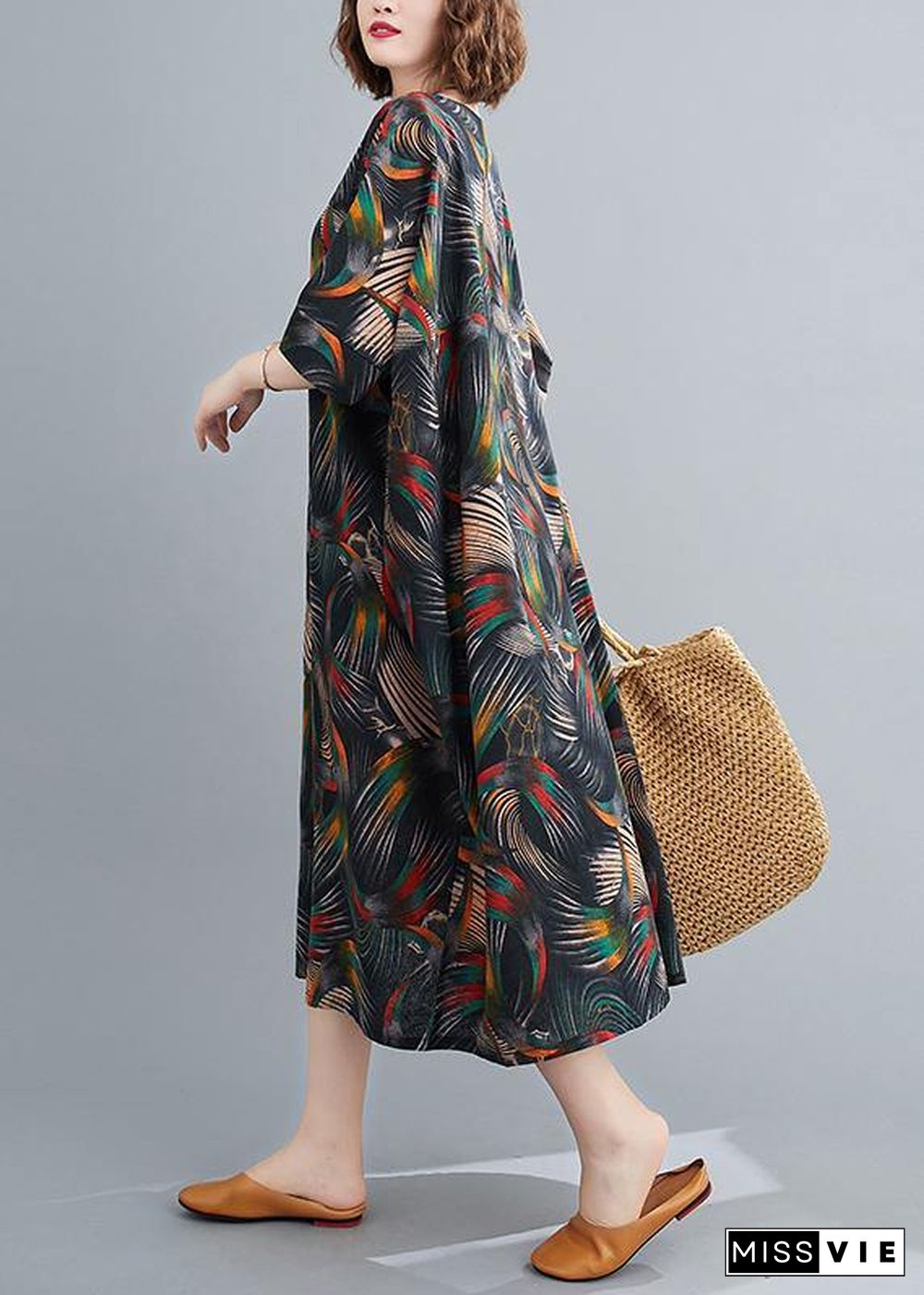 Chic O Neck Summer Dress Work Outfits Abstract Pattern Maxi Dresses