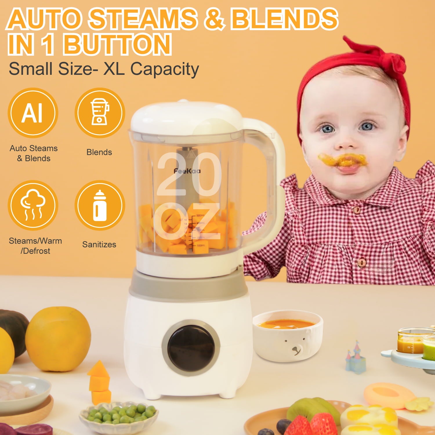 Baby Food Maker, Feekaa 6 in 1 Steamer and Blender - Large 20OZ Baby food Blender Puree Maker Baby Food Warmer Mills Machine with Self Cleans and Auto Cooking Grinding