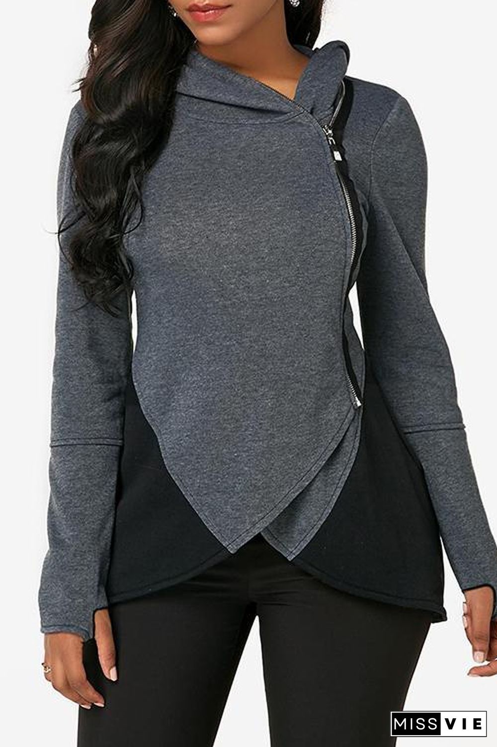 Side Zipper Contrast Coat Hoodie