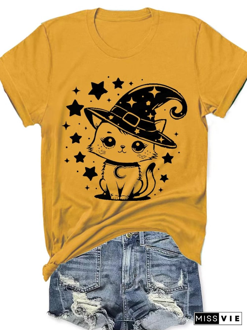 Women's Halloween Witch Hat Cat Print T-Shirt