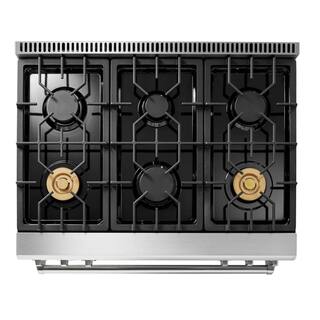 Thor Kitchen Tilt Panel 36-in 6 Burners Freestanding Gas Range with self-cleaning air fry convection oven in. Stainless Steel in LP TRG3601ULP