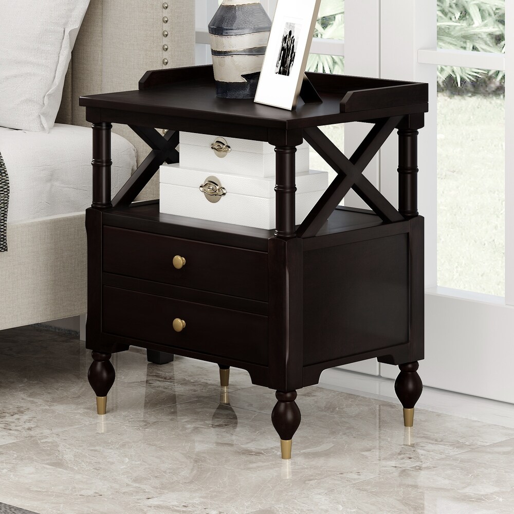 Modern Cherry Wood 2 Drawer Storage Nightstand