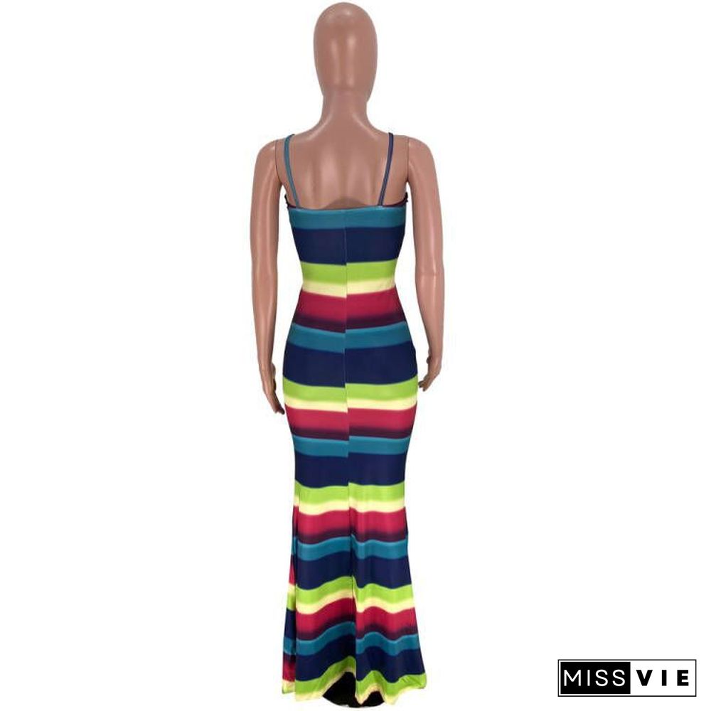 Fashion Beach Style Women's Clothing Deep V Stripes Gradient Print Sleeveless Hollow Out Maxi Dress