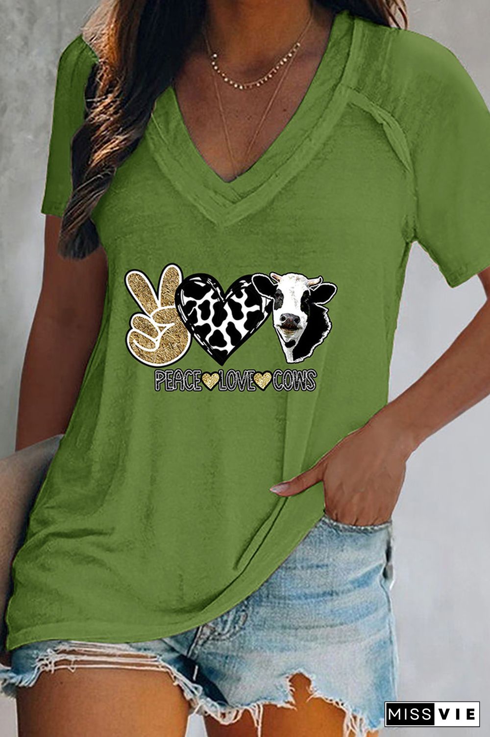 Peace Love Cows Print V Neck Graphic Tee