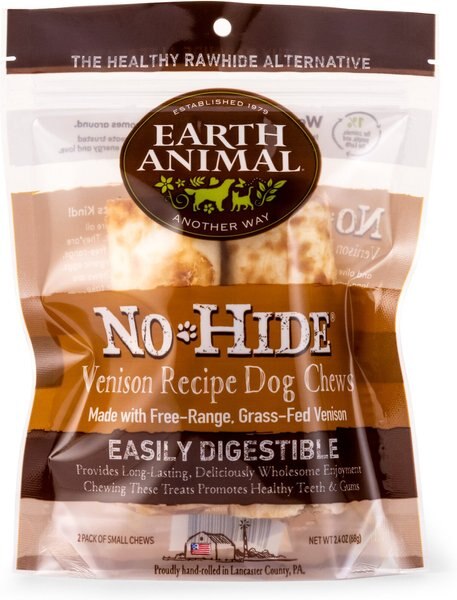 Earth Animal No-Hide Long Lasting Natural Rawhide Alternative Venison Recipe Small Chew Dog Treats， 2 count