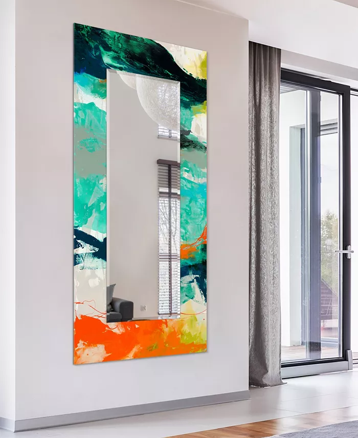 Empire Art Direct Tidal Abstract Rectangular On Free Floating Printed Tempered Art Glass Beveled Mirror  72 x 36