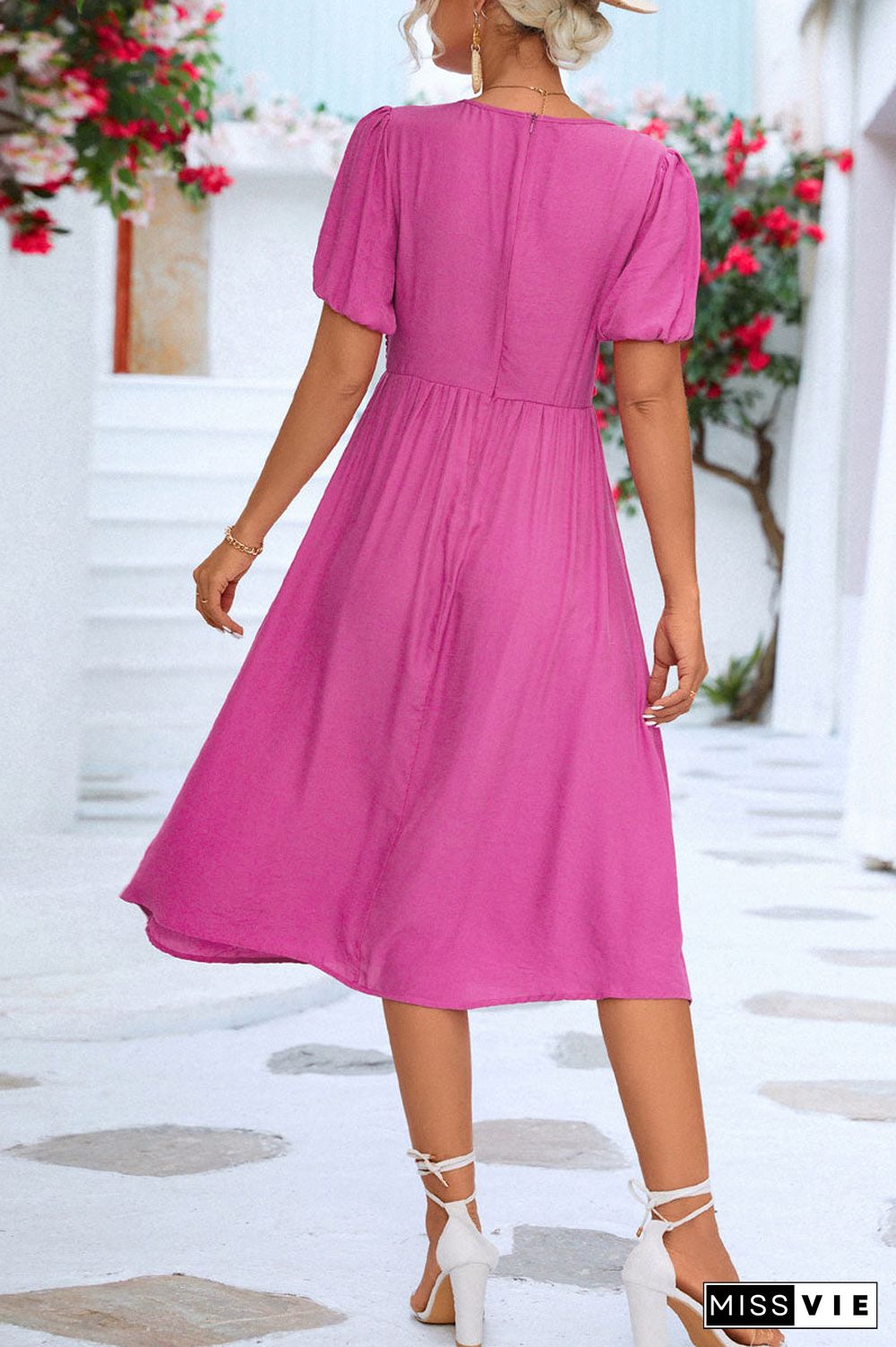 Solid V Neck front twist Midi Dress