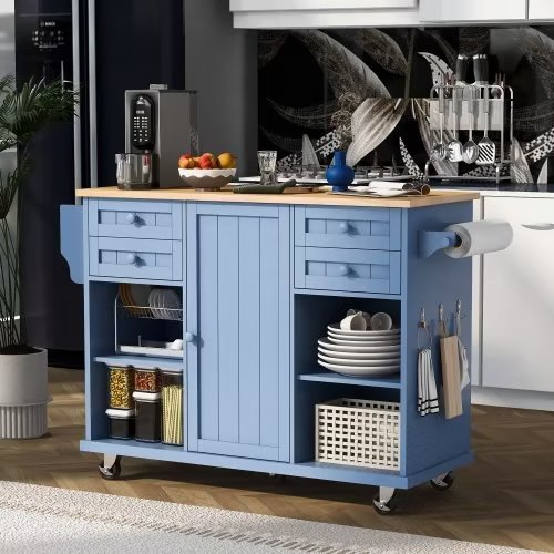 Kitchen Island Cart with 4 Storage Drawers， Rolling Mobile Kitchen Island Table with Spice Rack， Towel Rack， Rubber Wood Desktop， 5 Wheels Including 4 Lockable Wheels， 52.8in Width， Blue