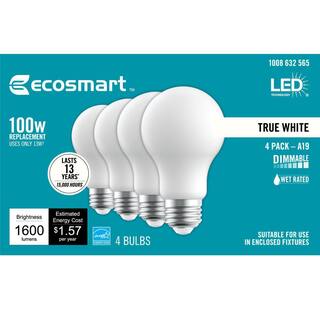 EcoSmart 100-Watt Equivalent A19 Frosted Glass Energy Star Dimmable E26 Base LED Light Bulb True White (4-Pack) FG-04312