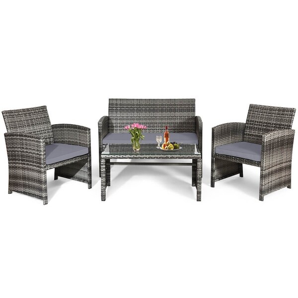 Costway 4PCS Patio Rattan Furniture Set Conversation Glass Table Top