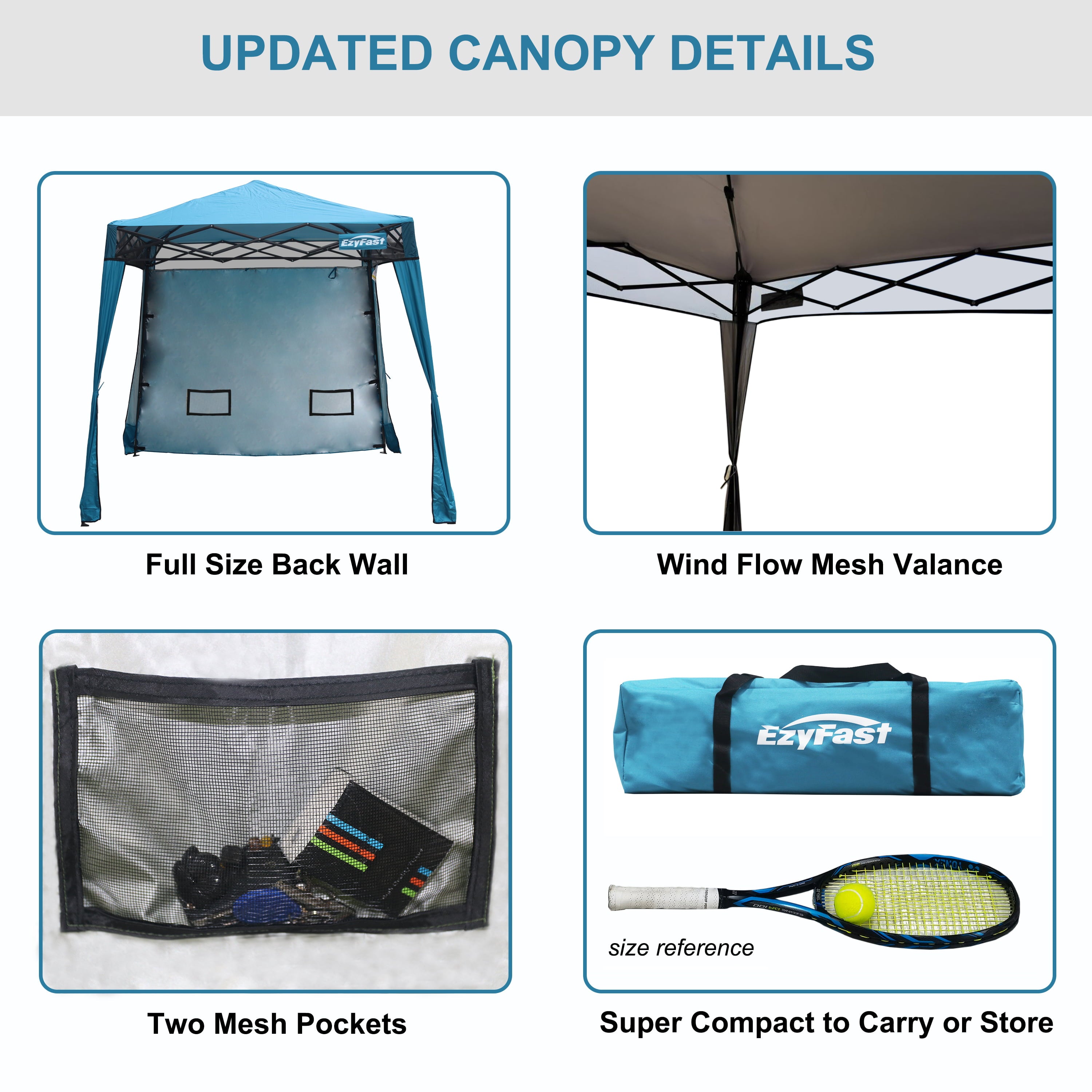 EzyFast Pop up Canopy Tent， Blue Sports  and Beach Cabana with Wall and Built-in Weight Bags， 8'x8' Base/6'x6' Top