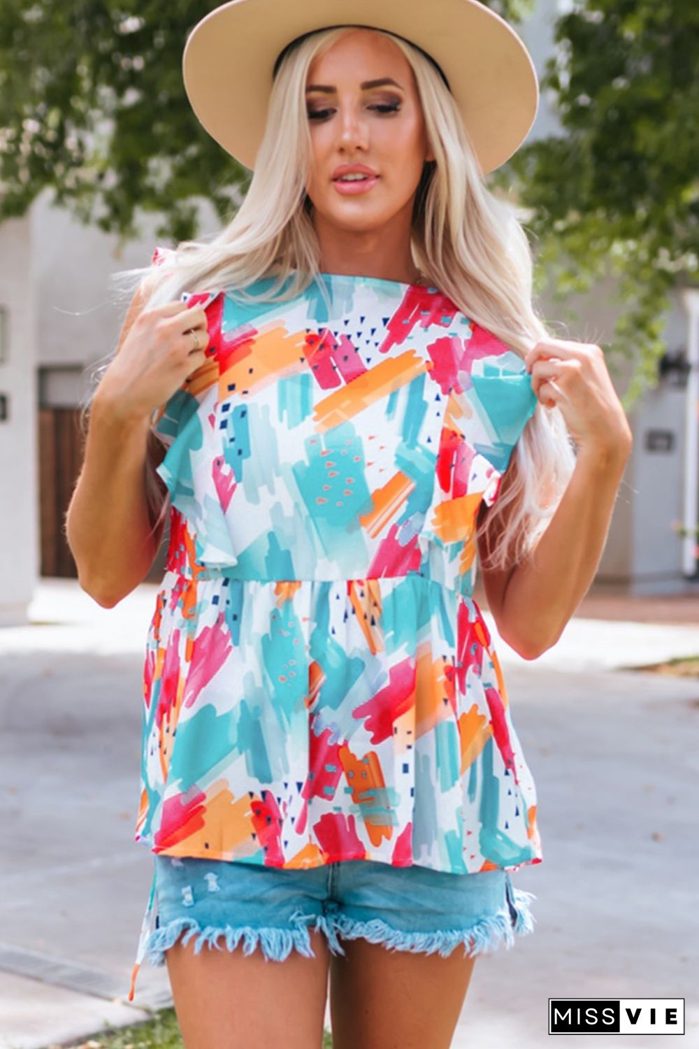 Sky Blue Brush Print Ruffle Trim Peplum Tank Top