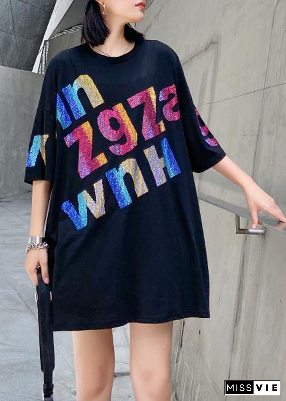 Women black Letter cotton tunic top o neck oversized blouse