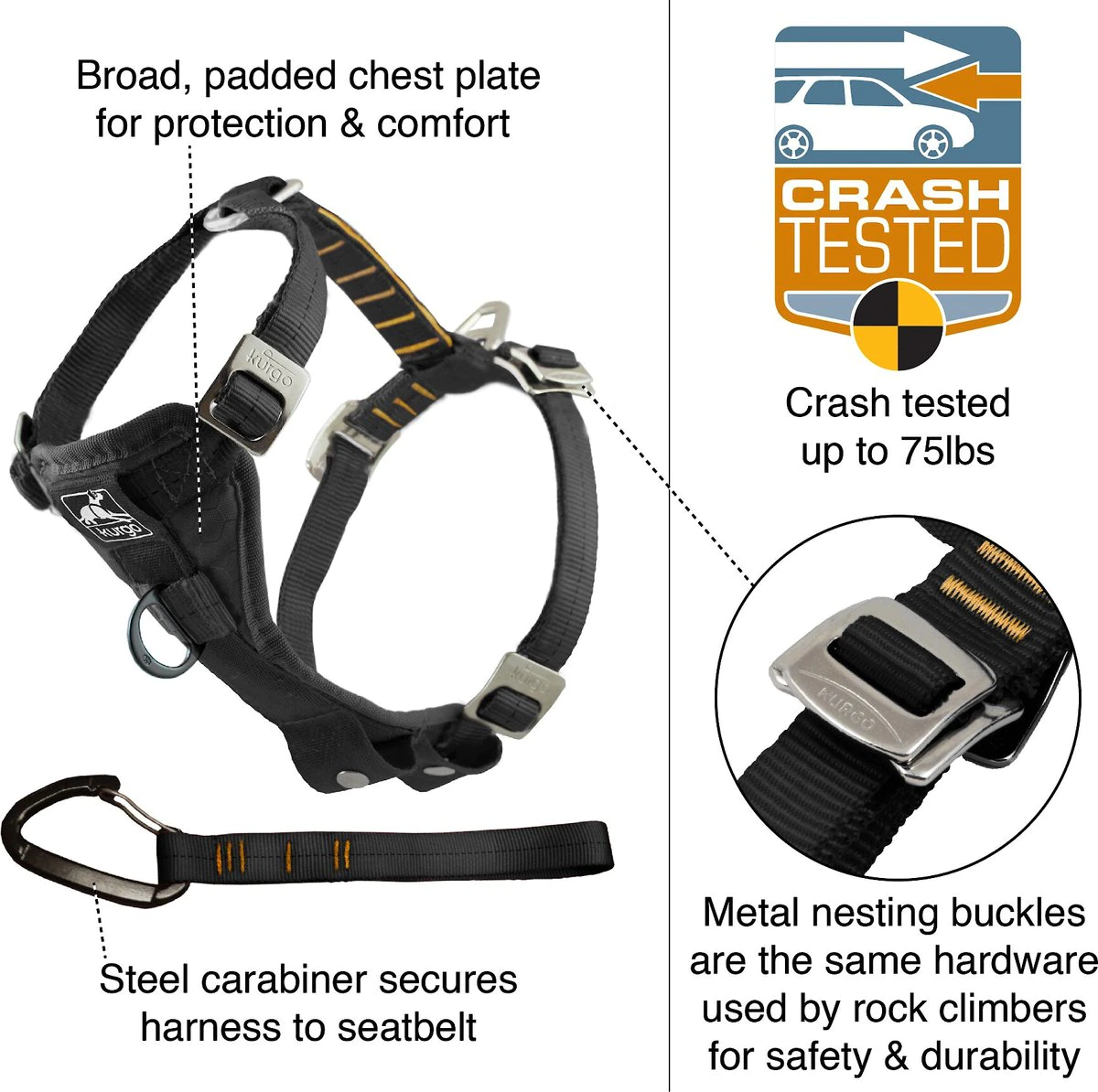 Dog Harness - Kurgo Tru-Fit Enhanced Strength Crash Tested Smart Car， X-Large， Black