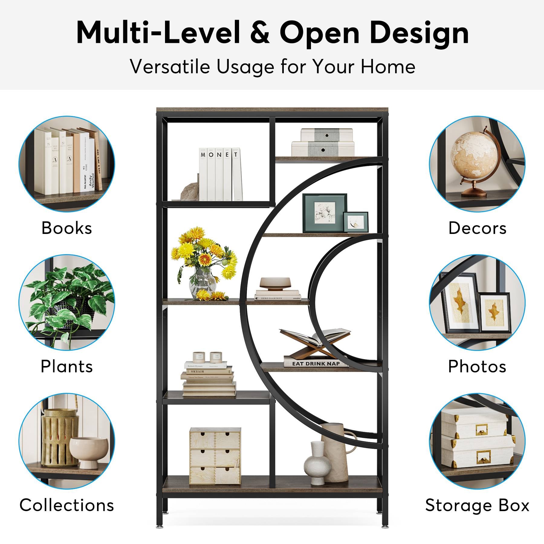 8-Tier Bookshelf, 71 Geometric Bookcase, Industrial Etagere Shelving Unit