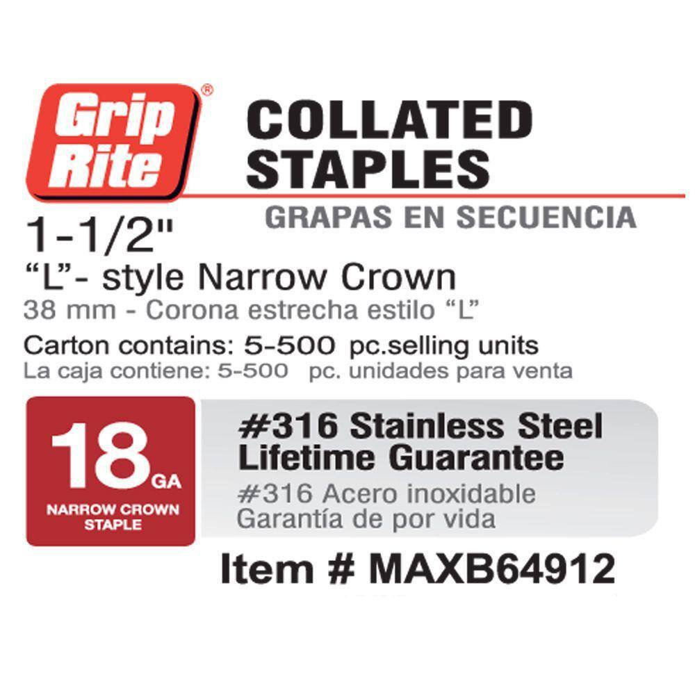 Grip-Rite 1-12 in. x 18-Gauge 316 Stainless Steel L-Shape Narrow Staples (500-Pack) MAXB64912