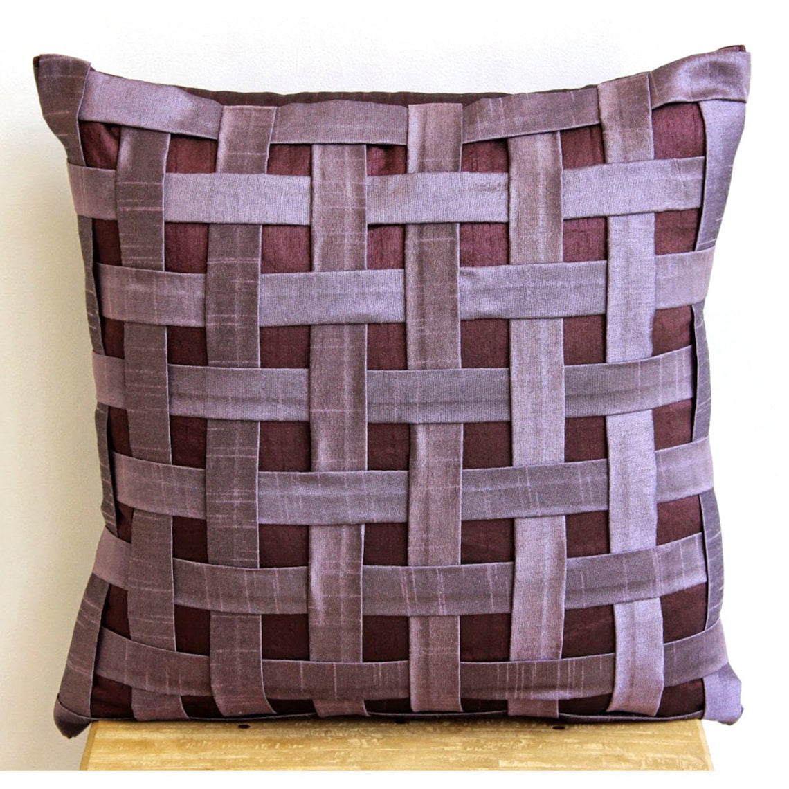 Purple Throw Pillow Cover， Contemporary Checkered Pillow Cover， 12x12 inch (30x30 cm) Pillow Cover， Art Silk Square Pillow， Textured Basket Weave - Purple N Plum Basket Weave