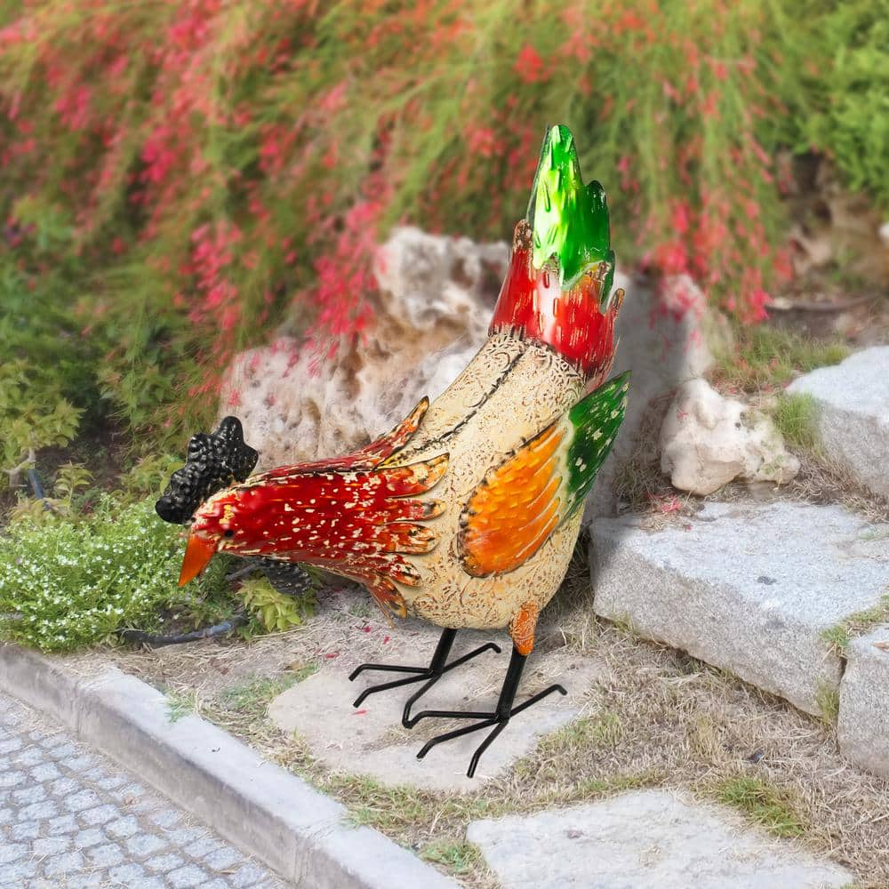 Alpine Corporation 21 in. H Indoor/Outdoor Metal Pecking Hen Decorative Garden Statue, Multicolor ORS858