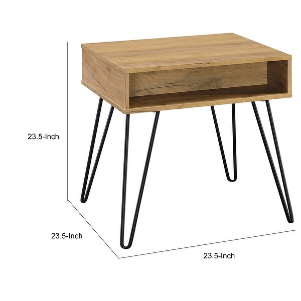 24 Inch Modern Side End Table， Golden Oak Wood， Black Metal Hairpin Legs