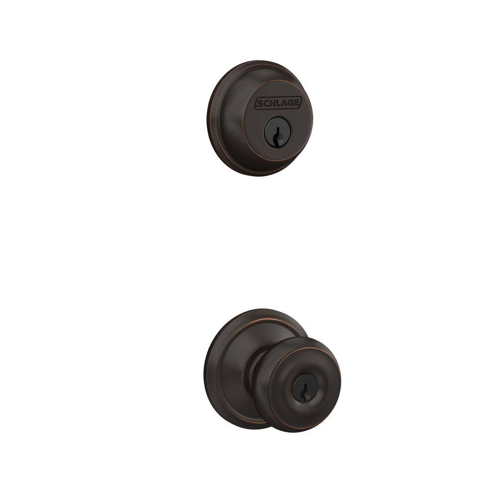 Schlage Georgian Aged Bronze Single Cylinder Deadbolt and Keyed Entry Door Knob Combo Pack FB50N V GEO 716