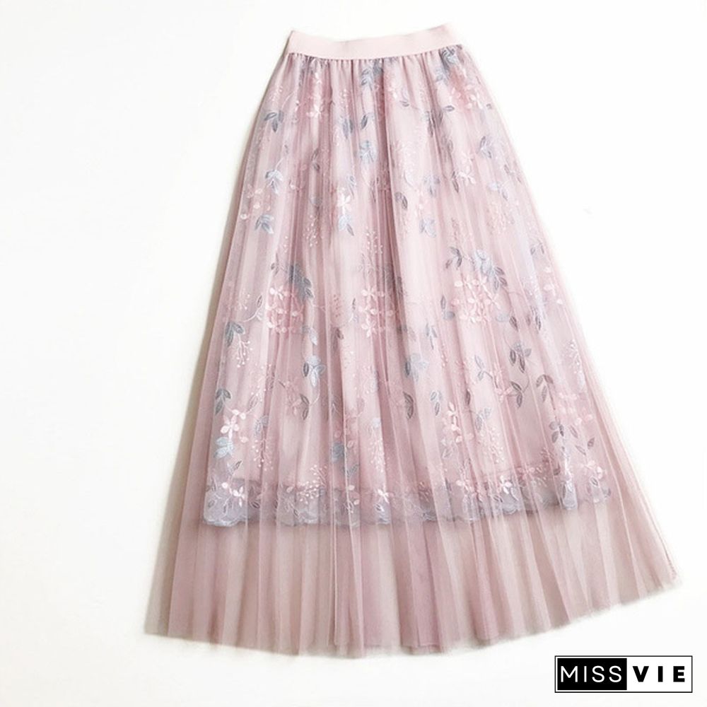 Summer Korean Skirt Heavy Work Embroidered High Waist A Word Long Skirt Fairy Mesh Skirt