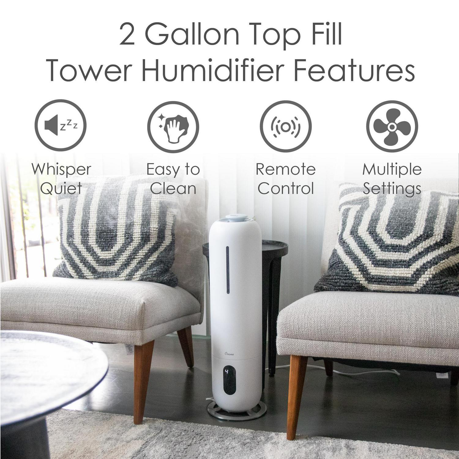 Crane USA Cool Mist Tower Top Fill Humidifier with Remote， 2 Gallons， 500 Sq. ft Coverage， UV Ionizing Light， White