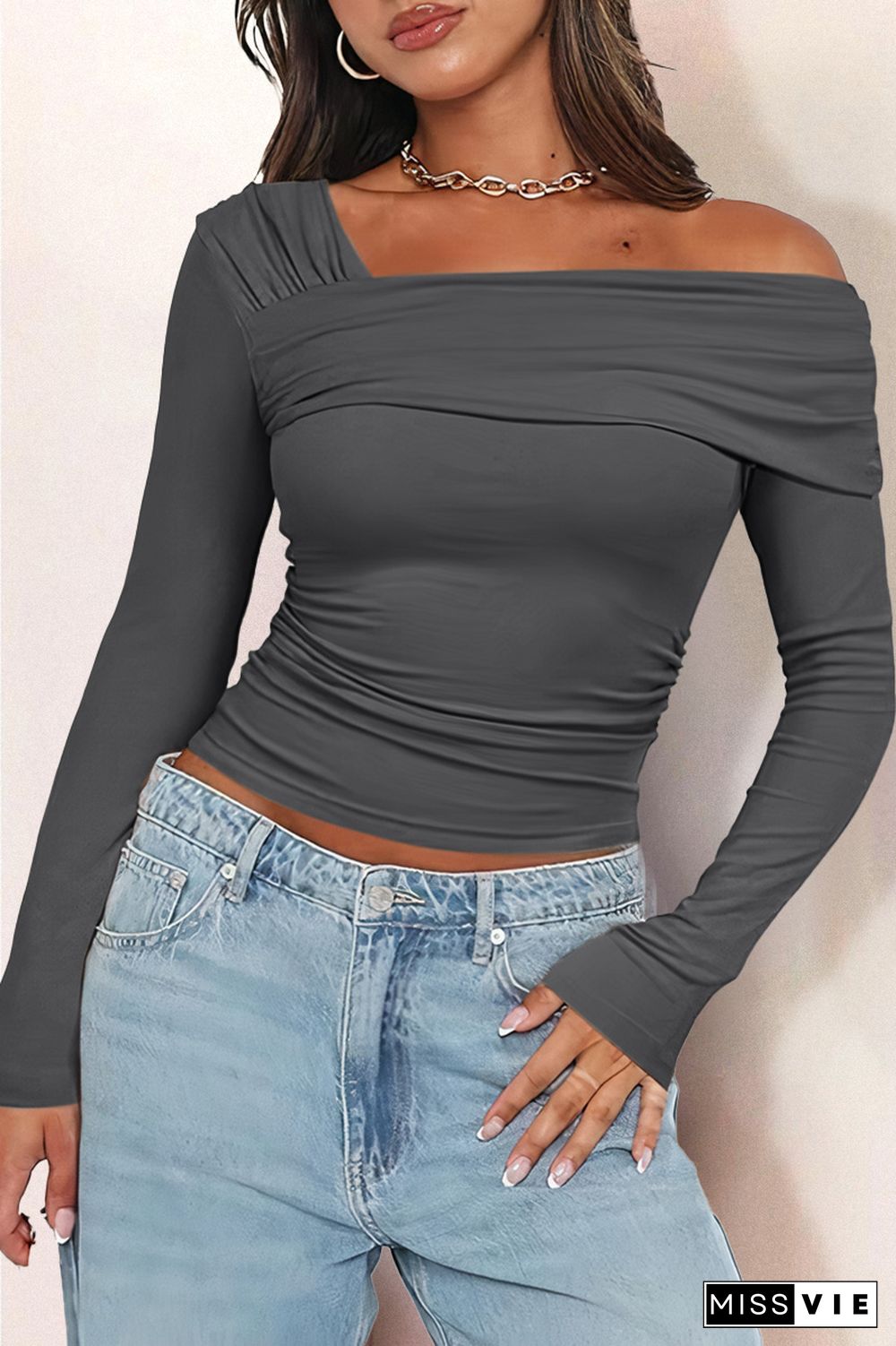 Solid Ruched Asymmetrical Neck T-Shirt