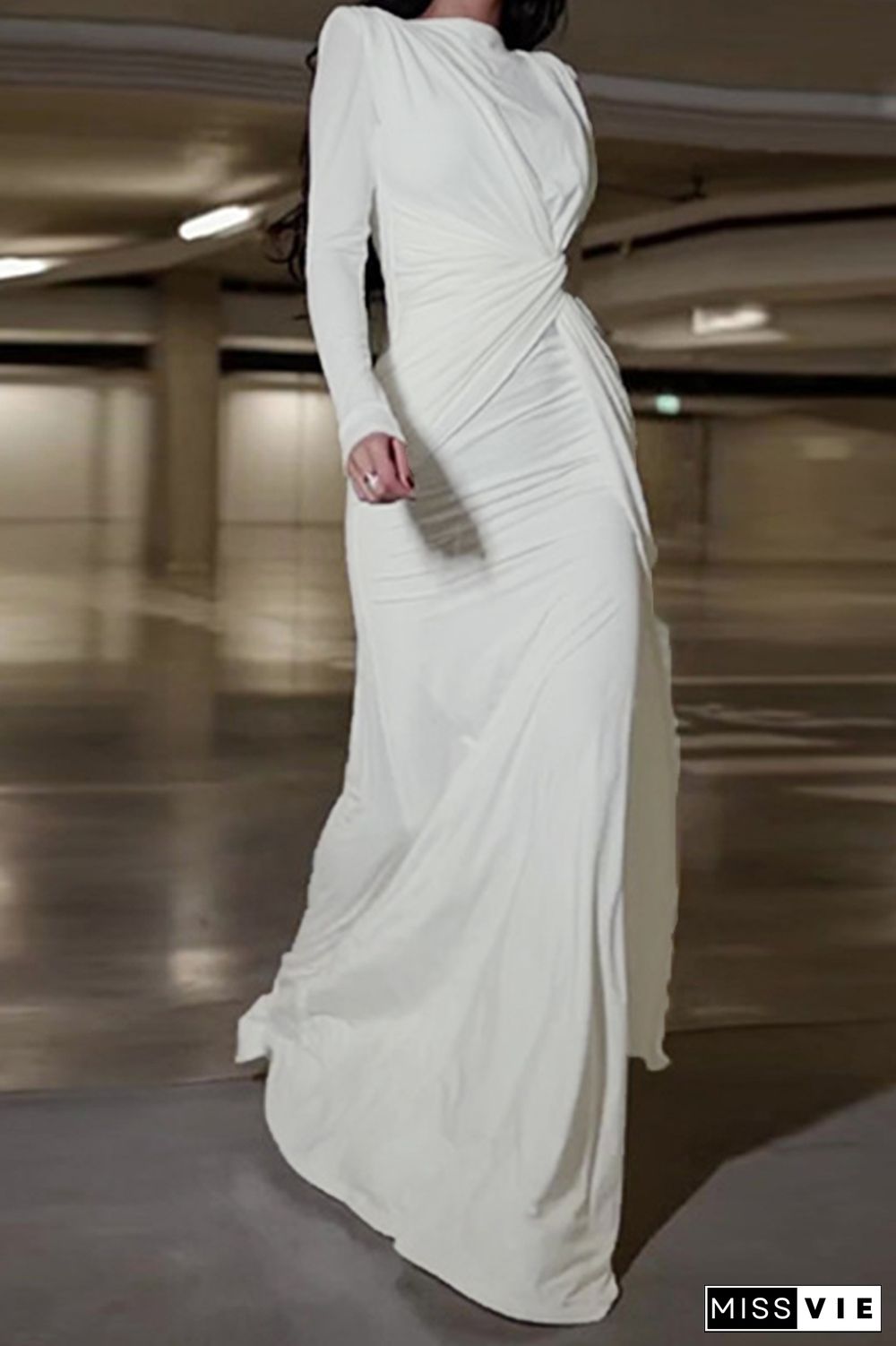 Celebrities Elegant Solid Fold O Neck Evening Dress Dresses