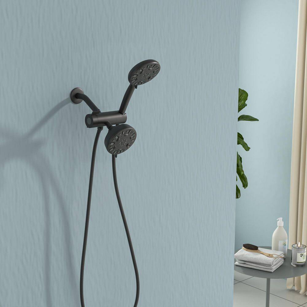 Logmey 7-Spray Patterns with 1.8 GPM 5 in. Wall Mount Dual Shower Heads with Handheld and Hose in Matte Black LM-704MB