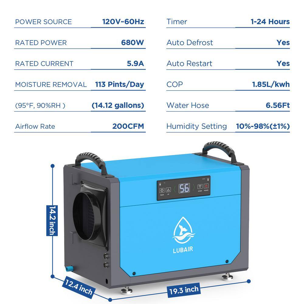 JEREMY CASS 113 pt. 1200 sq. ft. Bucketless Commercial Dehumidifier in Blue with Auto Defrost and Timer GZBARY070501