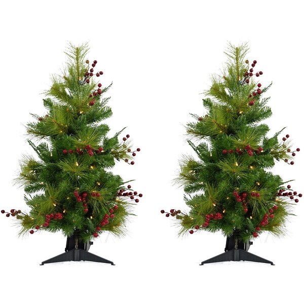 Christmas Time Set of Two 3Ft. Red Berry Mixed Pine Artificial Trees with BatteryOperated LED String Lights